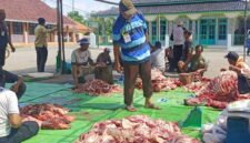 Aan Anhari penasehat panitia Qurban Dusun Kulinyar Desa Kudangwangi Kecamatan Ujungjaya sedang mengurus pembagian daging kurban ( Abdul Haris)