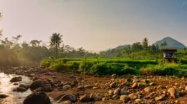 Pemandangan Sungai Citarum pada tahun 2026 yang menunjukkan air jernih dengan vegetasi hijau di tepian, mencerminkan keberhasilan upaya restorasi lingkungan yang telah dilakukan. Perahu-perahu tradisional terlihat melintas, menandakan kehidupan dan aktivitas masyarakat yang kembali pulih di sepanjang aliran sungai ini.