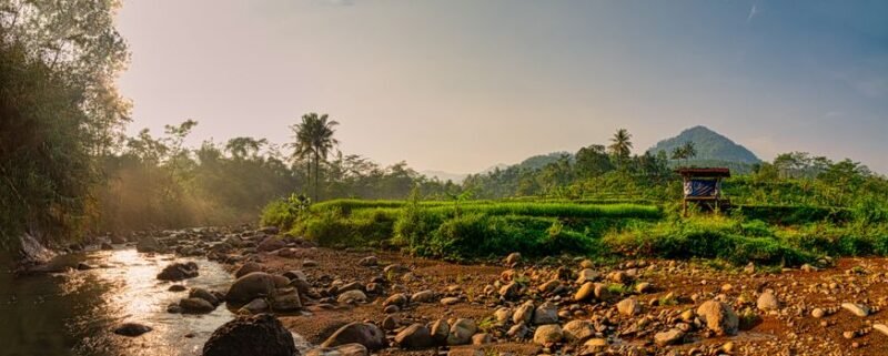 Pemandangan Sungai Citarum pada tahun 2026 yang menunjukkan air jernih dengan vegetasi hijau di tepian, mencerminkan keberhasilan upaya restorasi lingkungan yang telah dilakukan. Perahu-perahu tradisional terlihat melintas, menandakan kehidupan dan aktivitas masyarakat yang kembali pulih di sepanjang aliran sungai ini.