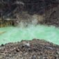 Pemandangan Kawah Putih Ciwidey dengan air danau berwarna pirus kehijauan, dikelilingi pepohonan mati dan tebing kapur yang menciptakan suasana magis. Objek wisata ini menjadi salah satu daya tarik utama di selatan Bandung.