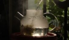 Secangkir teh hijau hangat mengepul di pagi hari, dikelilingi daun teh segar, menggambarkan kehangatan dan kesegaran yang ditawarkan minuman kaya manfaat ini.